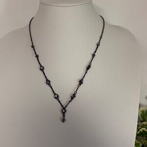 Gunmetal Y-Necklace Blue Rhinestone Floral Links Gothic Chic Minimalist